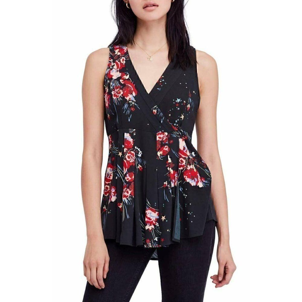 Free People Black Floral Surplice Wrap Blouse Top XS NEW